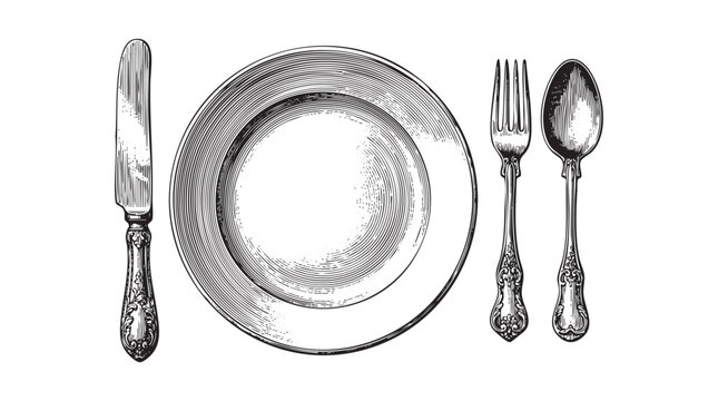Vintage Engraved Table Setting with Plate Fork Spoon and Knife on ink engraving line black png