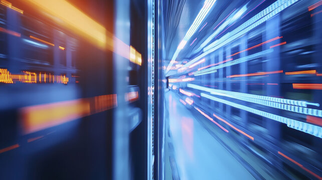 Abstract image of modern data center with illuminated server racks and motion blur, conveying speed and technology