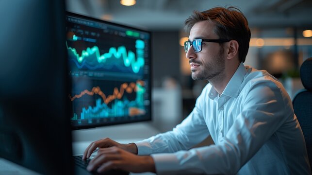 Analyst reviewing financial charts and AI-driven analytics on computer screen
