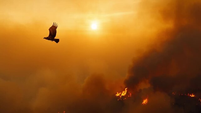 Soaring Eagle Amidst Wildfire: A majestic eagle soars gracefully through a smoky sky, its silhouette contrasting against the fiery glow of a raging wildfire.