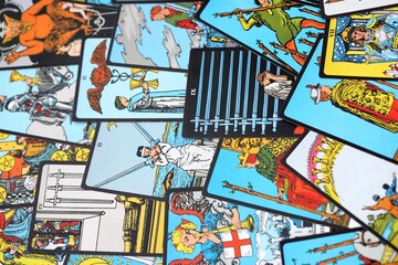 Obraz premium Fortune telling on tarot cards, used Marseille Tarot deck by unknown artist published first in 1709