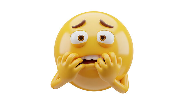 A 3D rendering of a yellow emoji face biting its nails in a state of extreme anxiety and fear.