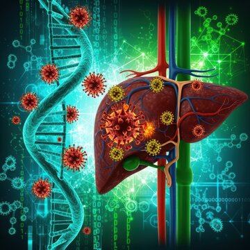 Virus attacking liver cells with dna strand and medical icons in background