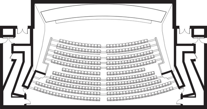 A detailed architectural diagram showcases a top-down view of a modern performance hall's seating arrangement and stage design.