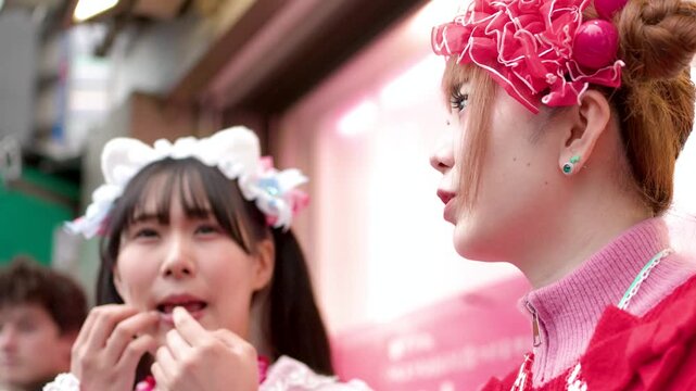 Two Japanese Women in Lolita Fashion Talking on Takeshita Street