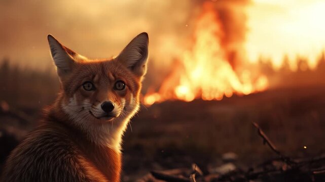 Burning Forest Sentinel: A resilient fox stands amidst a blazing forest, its eyes reflecting the intensity of the flames, highlighting nature's resilience. 