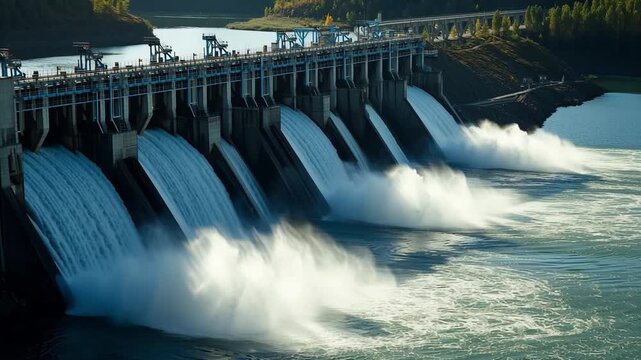 Power of Hydro: A robust dam stands strong as a powerful torrent of water surges through its gates, showcasing the might of hydropower in its purest form.