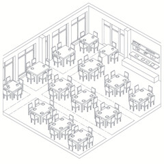 Obraz premium Isometric View of a Restaurant Dining Area with Tables and Chairs.