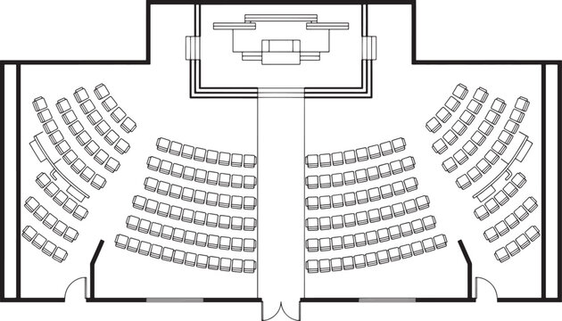 Detailed overhead view reveals the meticulous architectural floor plan of a formal auditorium, featuring orderly rows of seating and a prominent stage area, highlighting the structural design.