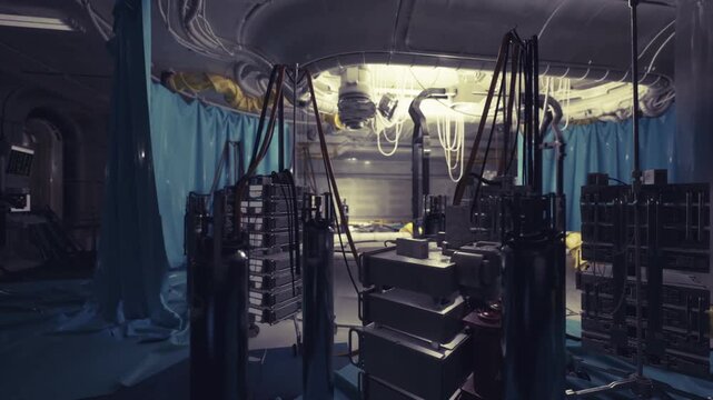 Circular testbed lined with racks and hanging cables, lowkey violet lighting illuminating consoles and sensor arrays, tense experimental atmosphere with remote