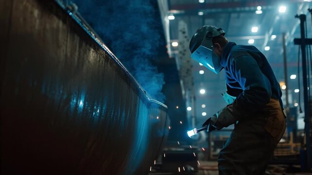 Artisan at Work: In a dimly lit industrial setting, an artisan is focused intently on the welding process, crafting with precision and expertise, creating a spectacle of sparks.