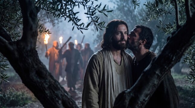 Man kissing another man to betray him, the Judas kiss in a dark olive grove marking the Passion event of Easter.