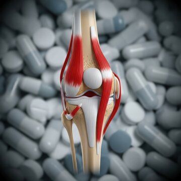 Detailed anatomical model of a human knee joint surrounded by pills
