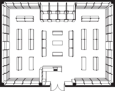A top-down view of an architectural blueprint showcasing a detailed, contemporary retail space.