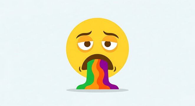 Yellow emoji face with a tired and sick expression vomiting a vibrant rainbow stream on a light background.