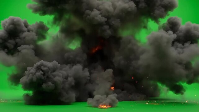 A dramatic video of a massive explosion with fire and smoke on a green background