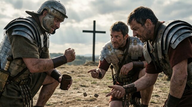 Three roman soldiers casting lots for clothing. Biblical scene on Good Friday for bible history and Easter religious concept.