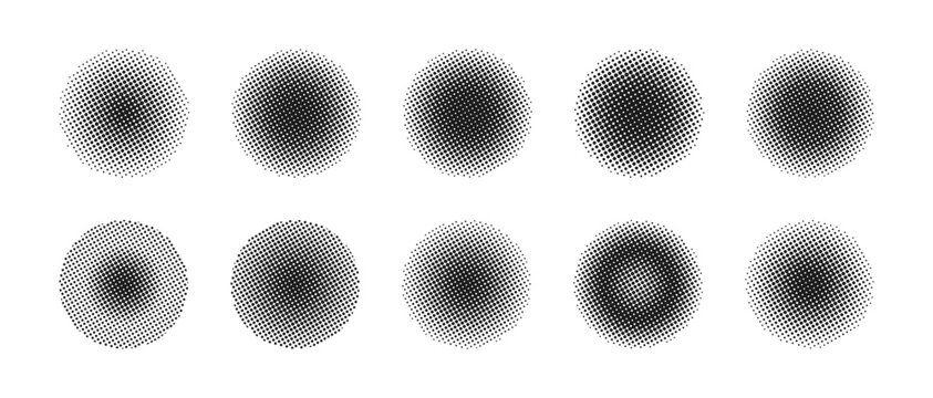 Halftone round shadows set. Circular dot tone monochrome elements. Abstract pattern vintage texture. Pop art frame border icon. Half tone circle gradient background. Vector illustration in black white