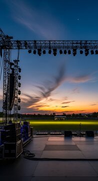Outdoor stage setup at sunset with dramatic sky and lighting equipment ready for an event