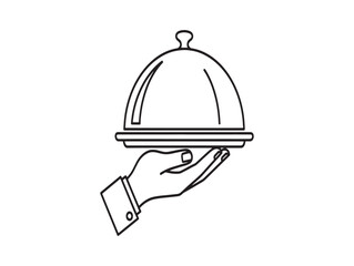 Fototapeta premium Food, serving, cloche, hand, restaurant, icon, line art, black and white isolated on White Background