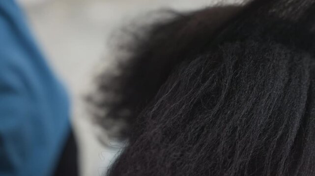 Closeup hair sectioning with pick comb showing hands parting natural texture and gently detangling coarse strands apprentice stylist at home, careful grooming routine, soft indoor light, tactile