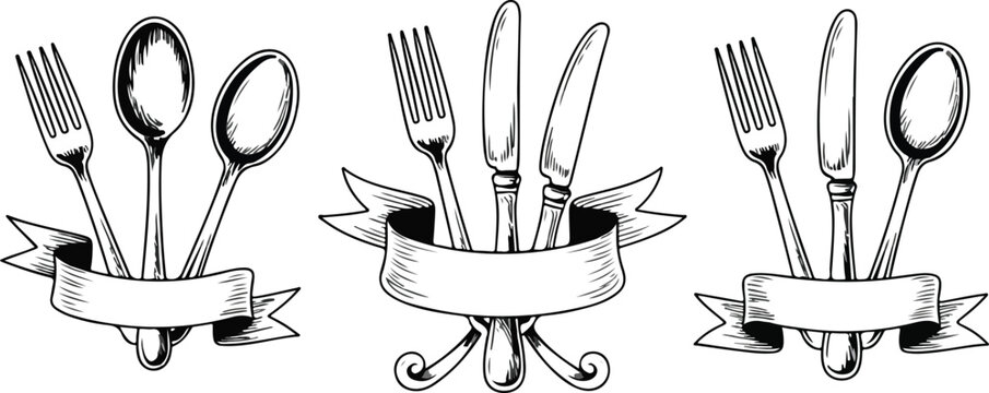 Hand drawn outline of three cutlery arrangements with curved ribbon banners detailed fork knife spoon line art composition