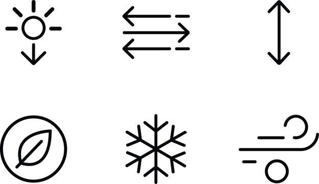 Collection of six simple line icons representing weather phenomena and nature elements isolated on transparent background