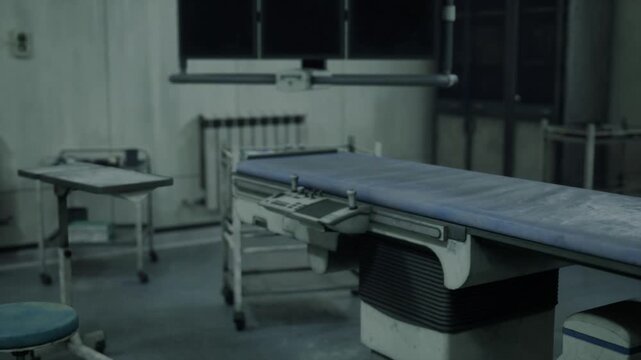 Closeup of surgical recovery corner with empty gurney and monitoring cart, dim sterilized mood and ready suction lines. Rolling stool and minimal clutter imply