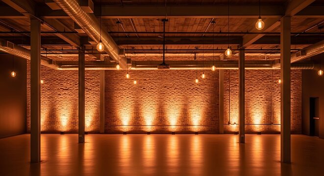 Industrial loft space with exposed brick walls and warm orange uplighting, perfect for events, studios, or creative workspaces