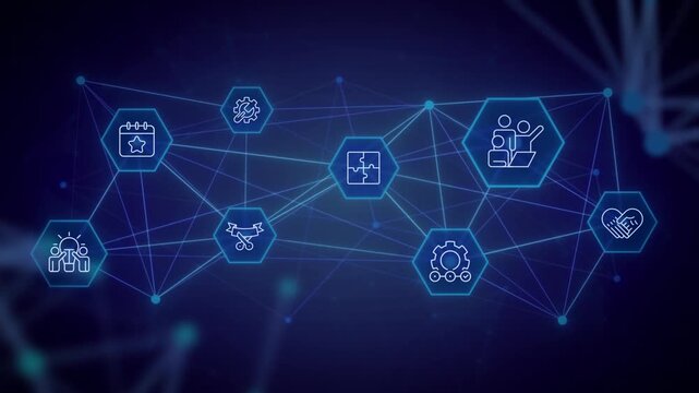 Hackathon animated banner with line icons. Tech event. Teamwork and collaboration venue. Outline symbols on dynamic background. Dark to light transition. HD video for website header, presentation