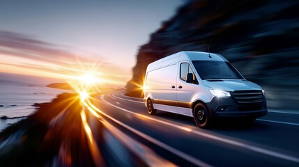 Fototapeta premium White cargo van driving on coastal highway at sunset