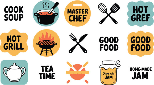 Retro cooking and food icon collection featuring steaming pots, crossed utensils, grill symbols and chef theme minimalist design
