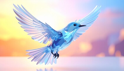 Naklejka premium Translucent crystal hummingbird mid‑flight, refracting light, glowing wings, vibrant sunrise gradient background, ethereal luminous beauty.