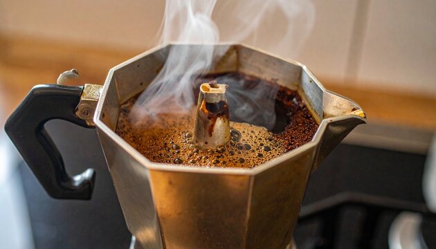 Close‑up moka pot brewing coffee, steaming grounds, droplets falling, kitchen counter background, warm aromatic preparation.