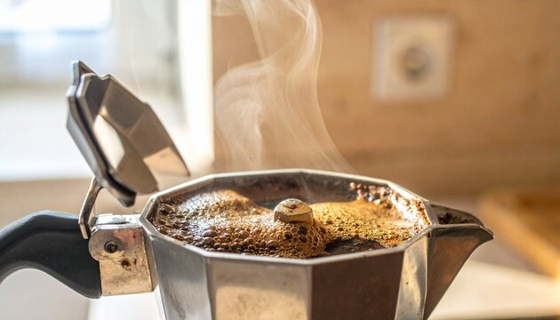 Close‑up moka pot brewing coffee, steaming grounds, droplets falling, kitchen counter background, warm aromatic preparation.