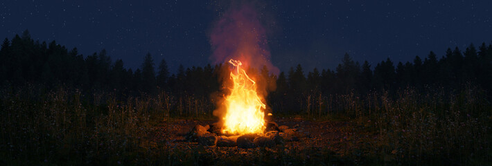 3D Rendering of a campfire with sparks and particles in front of wild grass and starry sky. Panoramic format © Brilliant Eye