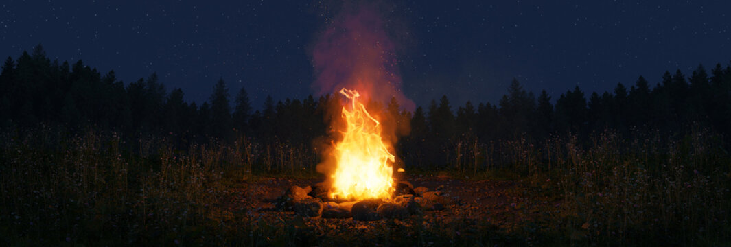 3D Rendering of a campfire with sparks and particles in front of wild grass and starry sky. Panoramic format