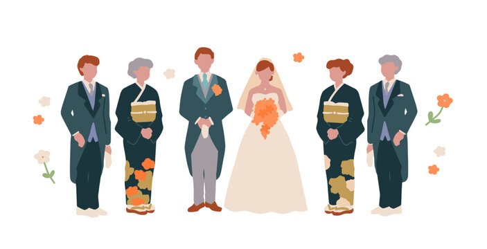 ウェディングドレスや和装、結婚式や前撮り、両親などののイラスト素材セット Illustration set featuring wedding dresses, traditional Japanese attire, wedding ceremonies, pre-wedding photo shoots, and parents.