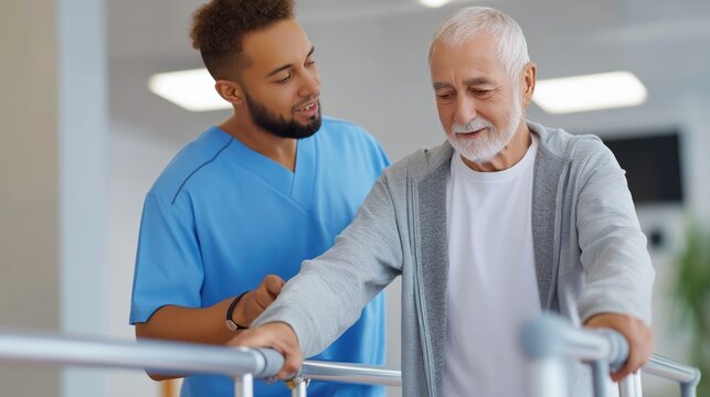 Physical therapist assisting senior man with gait training on parallel bars in rehab clinic.