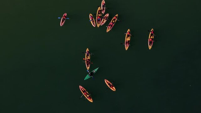 Aerial view of a group of kayaks with paddlers cutting through the dark waters, creating a striking contrast of motion, Cascais, Lisbon, Portugal.