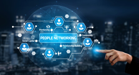 Fototapeta premium A visual representation of digital networking, showcasing people icons connected through technology graphics. Emphasizes relationship building and community engagement. Tessel