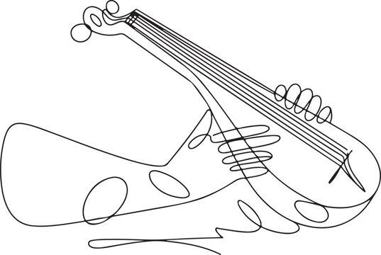 Line art illustration of a stringed musical instrument, potentially a lute or similar, presented in a minimalist, single-line drawing style