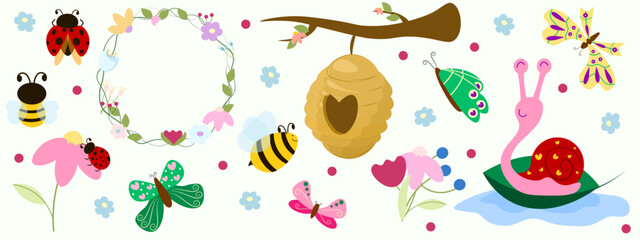 Adorable hand drawn clip art set with a beehive, honey bees, snail on a leaf boat, floral wreath, and butterflies. Whimsical garden illustrations for nursery decor and scrapbooking. © ArtValeriia
