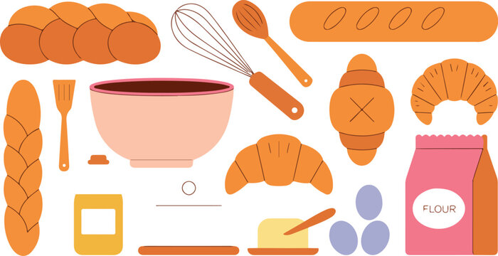 Modern flat cooking elements collection featuring challah baguette butter and utensils simple bakery theme illustration design