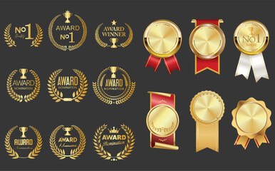 Naklejka na ściany i meble Number 1 award winner, Gold Medal Award Set, First Place Trophy, premium emblem laurel wreath award winner collection 