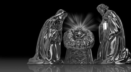 Silver nativity scene with radiant baby Jesus, Mary and Joseph, Christmas religious concept on dark background