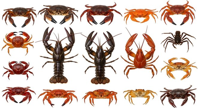 collection of detailed hand-drawn crustaceans and sea creatures on white background