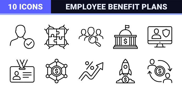 ESOP and Employee Stock Option Plan Line Icons. Professional Equity Compensation and Corporate Governance Minimalist Geometric Outline Art Set.