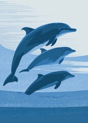 Fototapeta premium Group of dolphins swimming gracefully in clear blue ocean water.