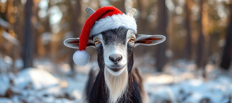 Cheerful Goat Celebrating the Holiday Season in a Snowy Forest with Friends for 2024 Promotion